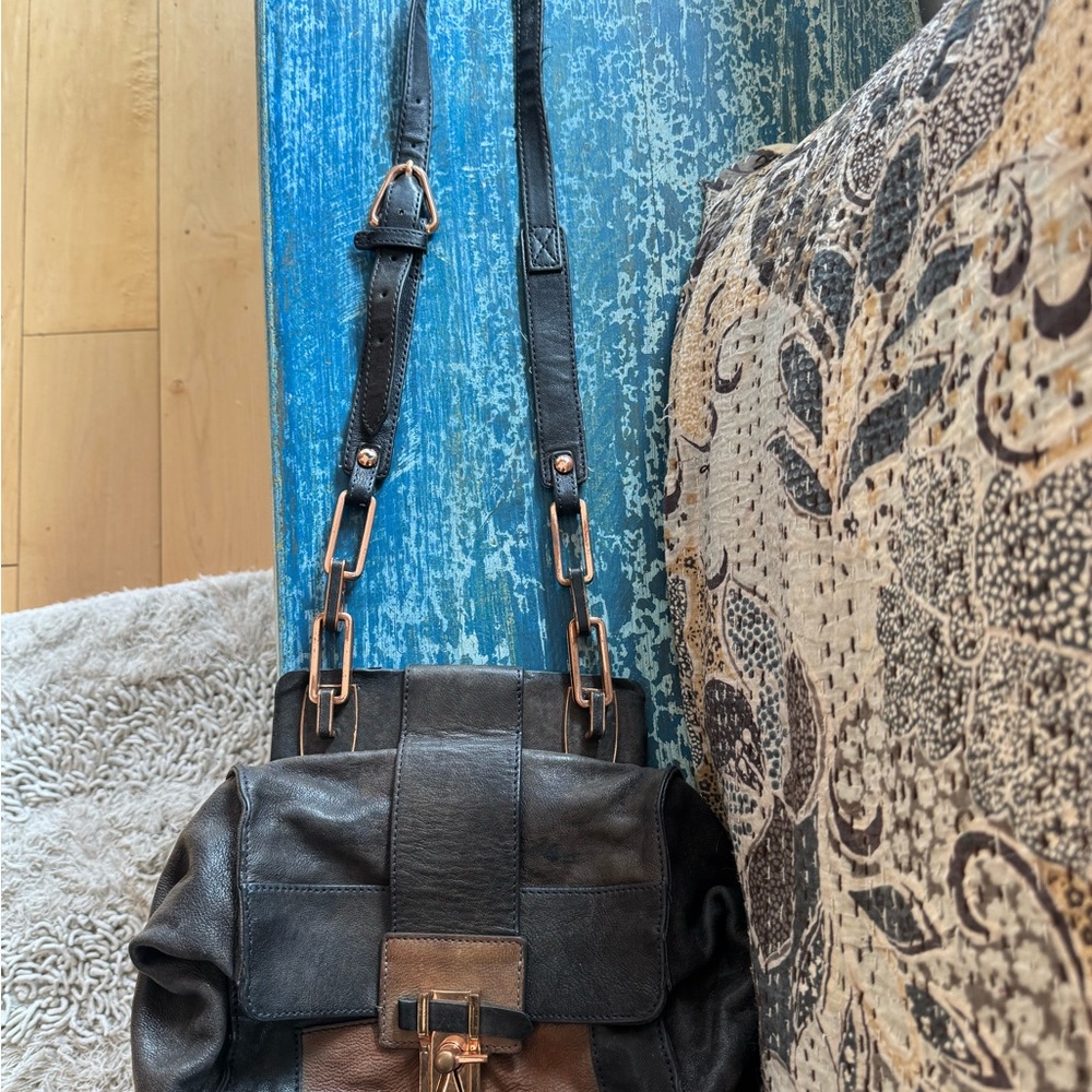 Navy and Taupe Kooba Leather Shoulder Bag with Rose Gold Hardware